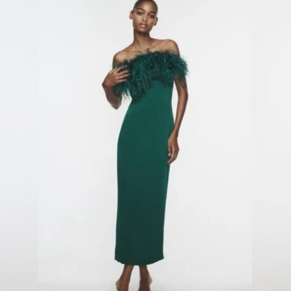 Zara Dresses & Skirts - Zara Satin Green Midi Strapless Dress with Feather Accent